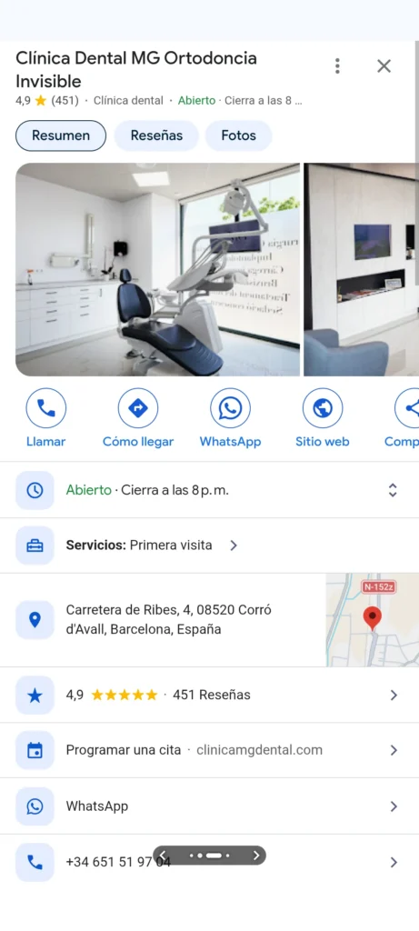 Ficha de Google Bussines Profile con datos de la clínica dental MG.