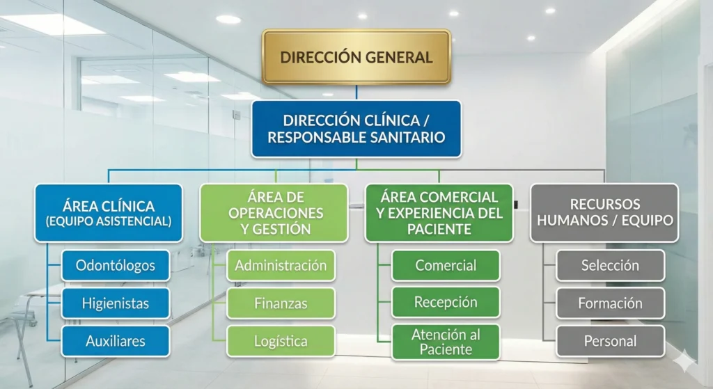 Organigrama tipo mixto para grandes clínicas dentales o centros especializados.