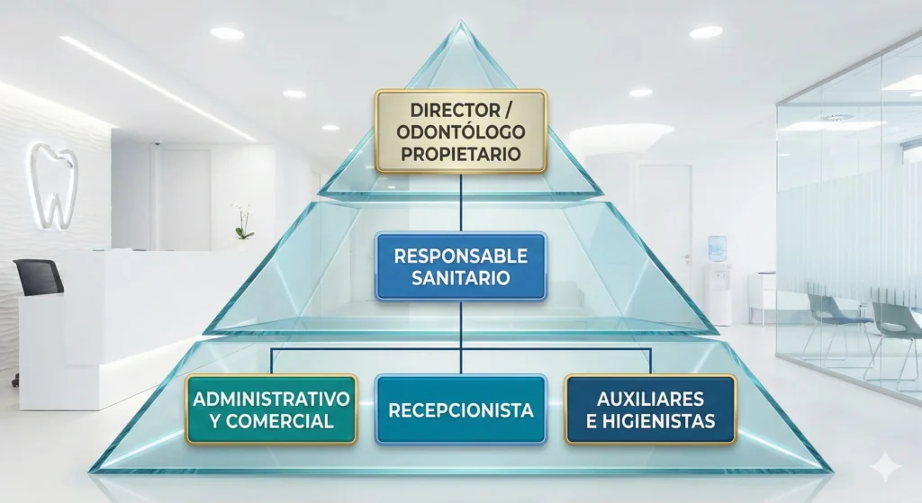 Organigrama tipo pirámide para clínicas dentales pequeñas.