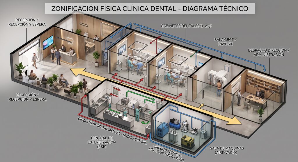 Plano y partes de una clínica dental según distribución física