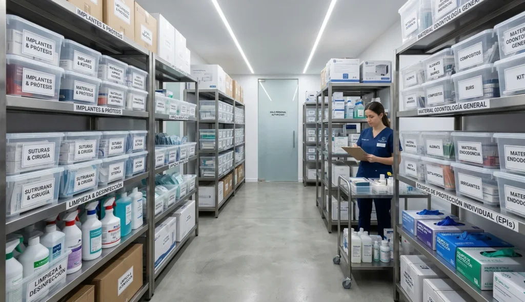 Auxiliar controlando el stock de una clínica dental.