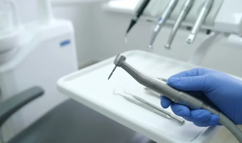 Instrumental rotatorio dental contra ángulo en la mano de un odontólogo.