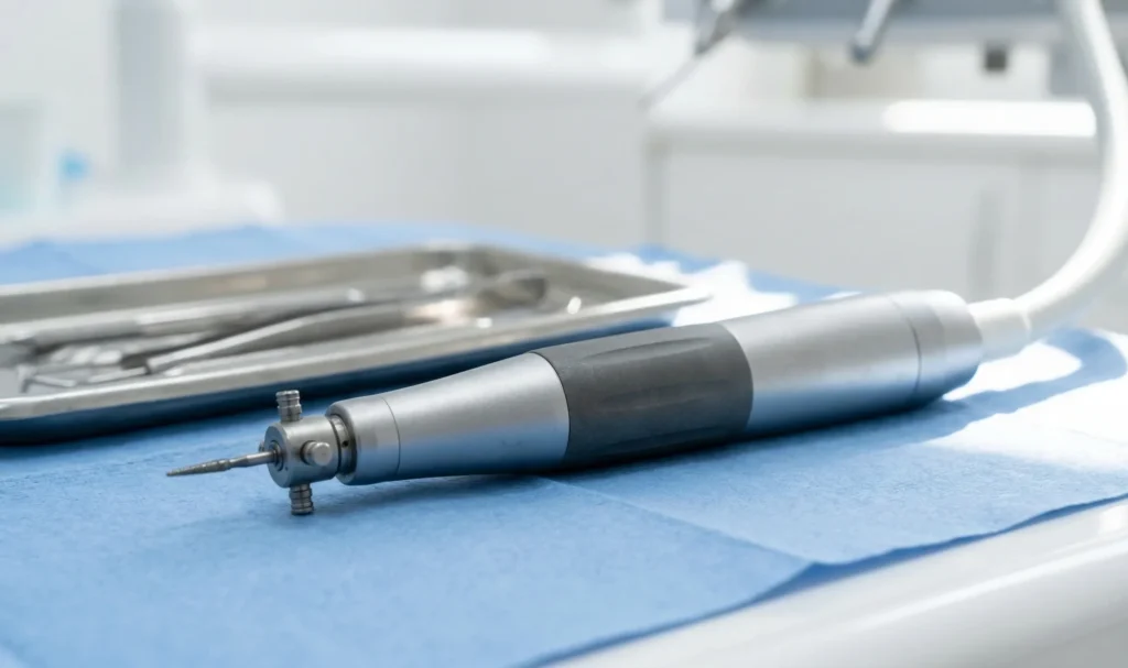 Instrumental rotatorio dental micromotor sobre una bandeja odontológica.