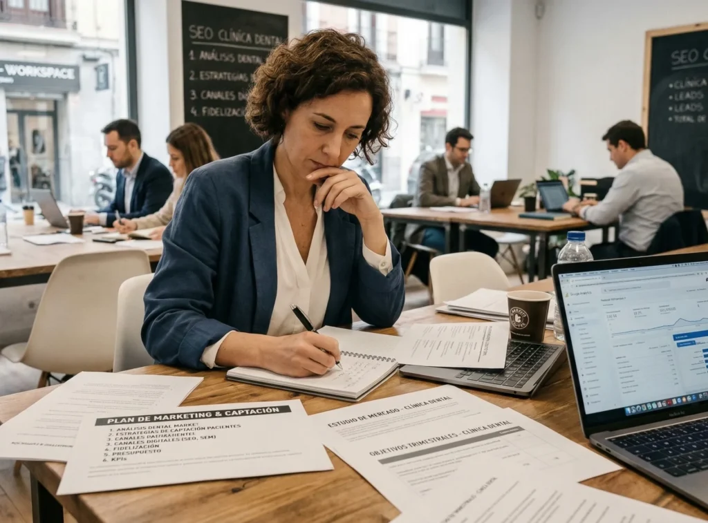 Mujer en un cafe, trabajando en el plan de marketing de su clínica dental.