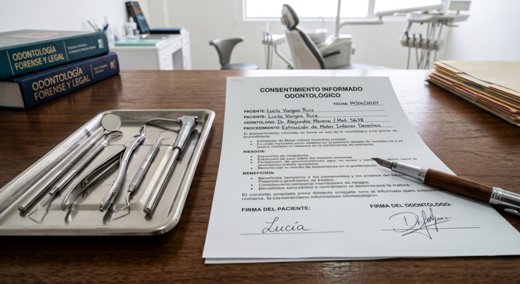 Primer plano de un documento de consentimiento informado y herramientas odontológicas sobre un escritorio, simbolizando rigor legal y profesionalidad.
