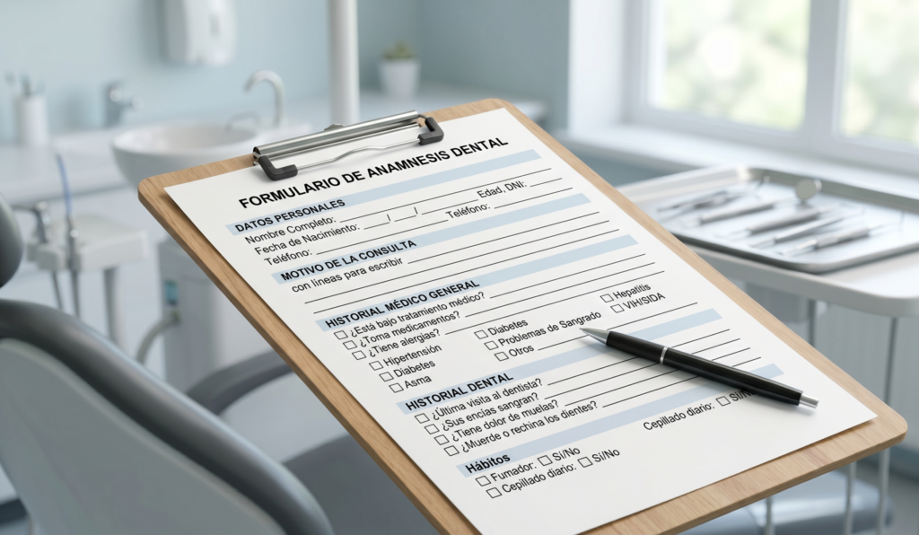 ejemplo de formulario de anamnesis con preguntas que buscan conocer la situación del paciente y su historia dental anterior.