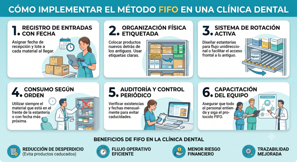 infografia que muestra como implementar el metodo FIFO en una clinica dental.
