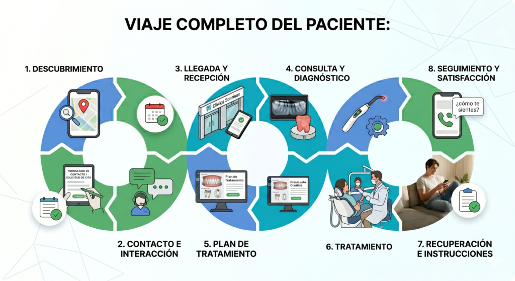 patient journey completo con todos los puntos de contacto, desde que encuentra la clinica hasta el seguimiento postratamiento.